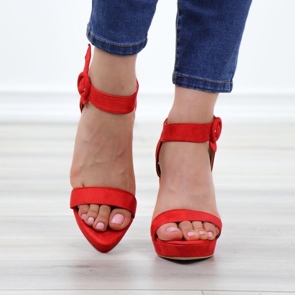 Faux Suede Red Platform Open Pointy Toe High Heels - Picture 9 of 14